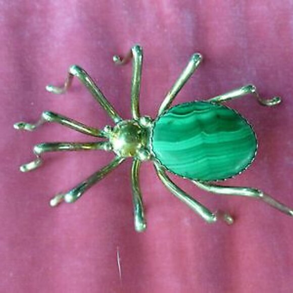 Small Estate Vintage E. Spencer Silver Malachite Protective Spider Brooch - Picture 8 of 15